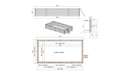 Piscine en bois AQUA 8.5 x 4.35 - H.1.45 m, gris clair, fixations à visser