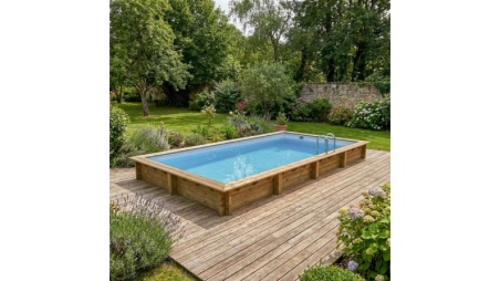 Piscine en bois AQUA 8.5 x 4.35 - H.1.45 m, gris clair, cadre en métal - sans dalle
