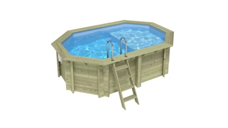 Piscine en bois NEMO 4.3 x 3 - H.1.18 m avec plage, bleu pâle, fixations à sceller