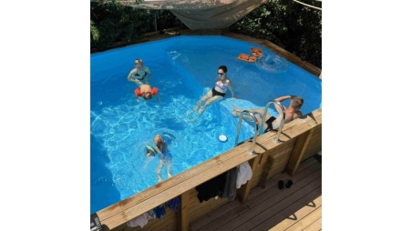 Piscine en bois NEMO 4.3 x 3 - H.1.18 m avec plage, bleu pâle, fixations à sceller