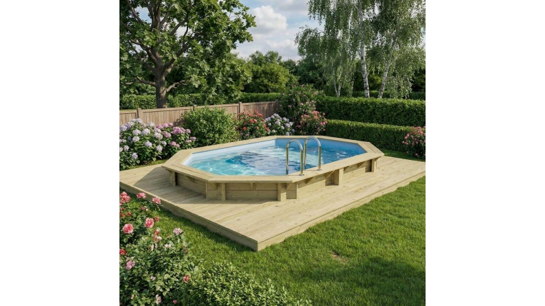 Piscine en bois NEMO 4.3 x 3 - H.1.18 m avec plage, bleu pâle, fixations à visser