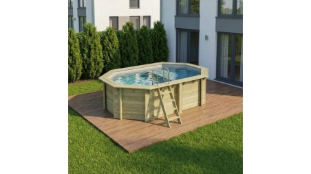 Piscine en bois NEMO 4.3 x 3 - H.1.18 m avec plage, gris clair, fixations à visser
