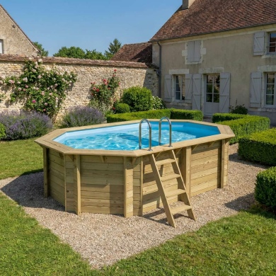 Piscine en bois NEMO 4.3 x 3 - H.1.18 m avec plage, bleu pâle, cadre en métal - sans dalle 2