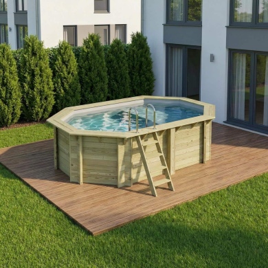 Piscine en bois NEMO 4.3 x 3 - H.1.18 m avec plage, gris clair, cadre en métal - sans dalle 2