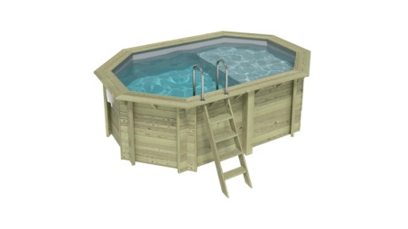 Piscine en bois NEMO 4.3 x 3 - H.1.31 m avec plage, gris clair, fixations à sceller