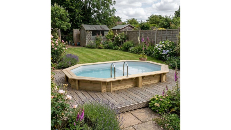 Piscine en bois NEMO 4.3 x 3 - H.1.31 m avec plage, gris clair, fixations à sceller