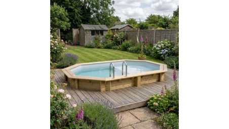 Piscine en bois NEMO 4.3 x 3 - H.1.31 m avec plage, gris clair, fixations à sceller