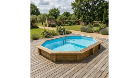 Piscine en bois NEMO 4.3 x 3 - H.1.31 m avec plage, bleu pâle, fixations à visser