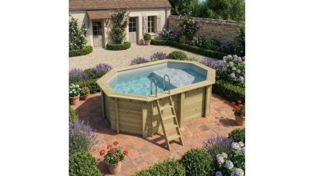 Piscine en bois NEMO 4.3 x 3 - H.1.31 m avec plage, gris clair, fixations à visser