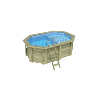 Piscine en bois NEMO 4.3 x 3 - H.1.31 m avec plage, bleu pâle, cadre en métal - sans dalle