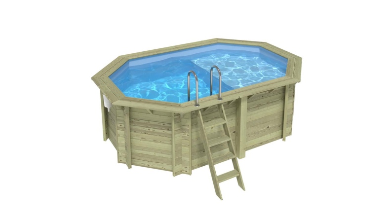Piscine en bois NEMO 4.3 x 3 - H.1.31 m avec plage, bleu pâle, cadre en métal - sans dalle