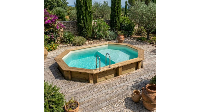 Piscine en bois NEMO 4.3 x 3 - H.1.31 m avec plage, sable, cadre en métal - sans dalle