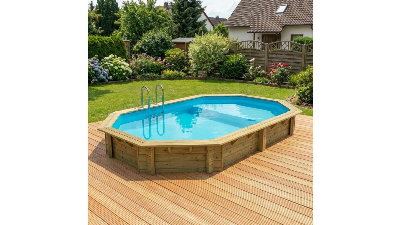 Piscine en bois NEMO 5.79 x 3.49 - H.1.45 m avec plage, bleu pâle, fixations à visser