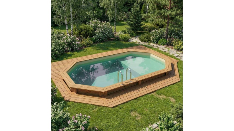 Piscine en bois NEMO 5.79 x 3.49 - H.1.45 m avec plage, sable, fixations à visser