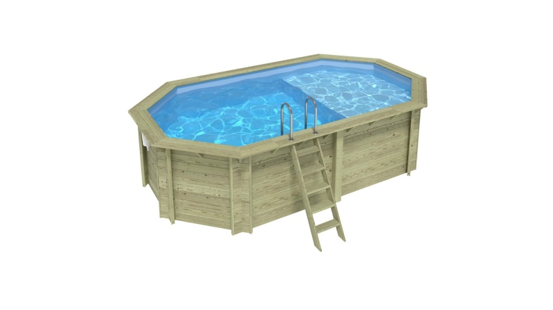 Piscine en bois NEMO 5.79 x 3.49 - H.1.45 m avec plage, bleu pâle, fixations à sceller