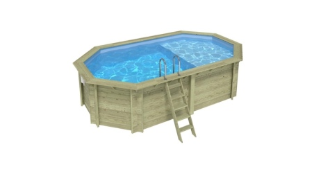 Piscine en bois NEMO 5.79 x 3.49 - H.1.45 m avec plage, bleu pâle, fixations à sceller