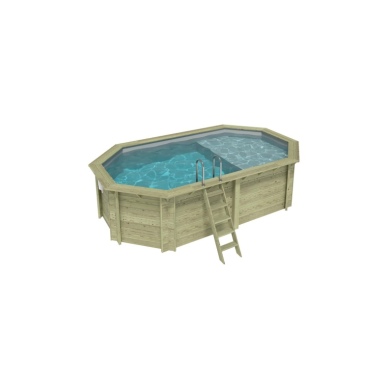 Piscine en bois NEMO 5.79 x 3.49 - H.1.45 m avec plage, gris clair, fixations à sceller