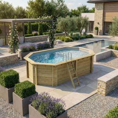 Piscine en bois NEMO 5.79 x 3.49 - H.1.45 m avec plage, gris clair, fixations à sceller 2