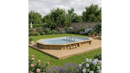 Piscine en bois NEMO 5.79 x 3.49 - H.1.45 m avec plage, gris clair, fixations à sceller