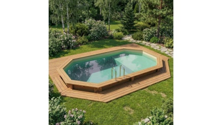 Piscine en bois NEMO 5.79 x 3.49 - H.1.45 m avec plage, sable, fixations à sceller