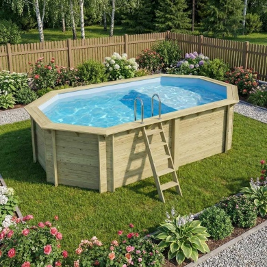 Piscine en bois NEMO 5.79 x 3.49 - H.1.45 m avec plage, bleu pâle, cadre en métal - sans dalle 2