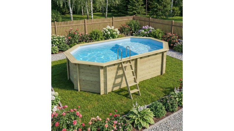 Piscine en bois NEMO 5.79 x 3.49 - H.1.45 m avec plage, bleu pâle, cadre en métal - sans dalle