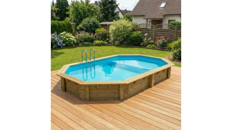 Piscine en bois NEMO 5.79 x 3.49 - H.1.45 m avec plage, bleu pâle, cadre en métal - sans dalle