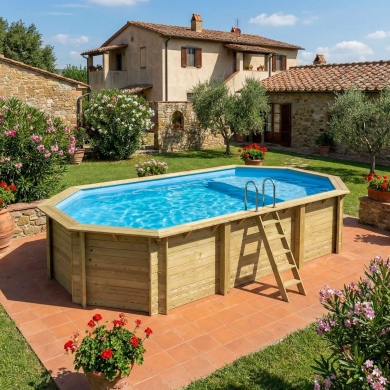 Piscine en bois NEMO 7.3 x 3.97 - H.1.45 m avec plage, bleu pâle, fixations à visser 2
