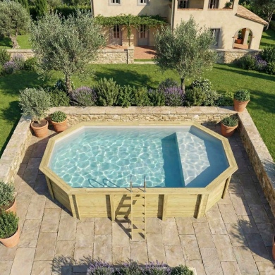 Piscine en bois NEMO 7.3 x 3.97 - H.1.45 m avec plage, gris clair, fixations à visser 2