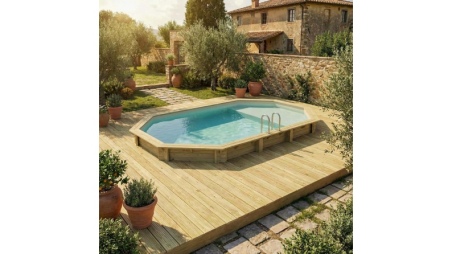 Piscine en bois NEMO 7.3 x 3.97 - H.1.45 m avec plage, sable, fixations à visser