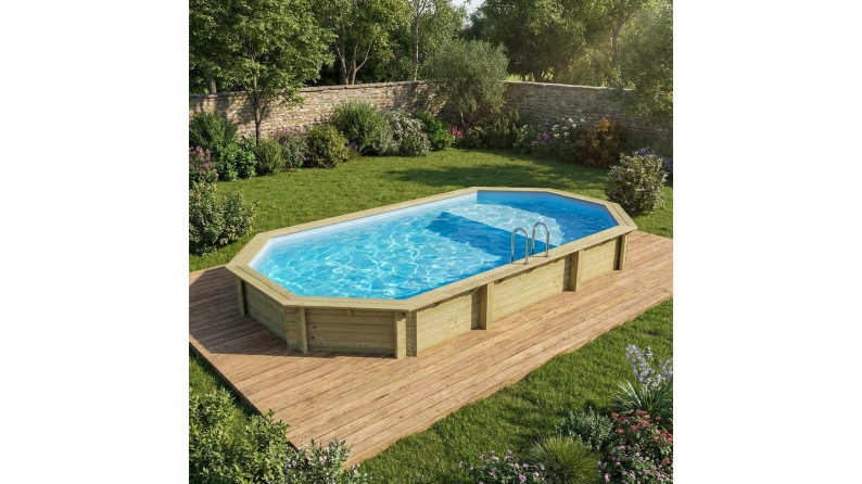 Piscine en bois NEMO 7.3 x 3.97 - H.1.45 m avec plage, bleu pâle, cadre en métal - sans dalle