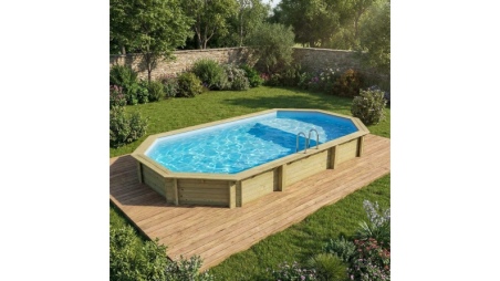 Piscine en bois NEMO 7.3 x 3.97 - H.1.45 m avec plage, bleu pâle, cadre en métal - sans dalle