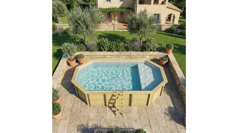 Piscine en bois NEMO 7.3 x 3.97 - H.1.45 m avec plage, gris clair, cadre en métal - sans dalle