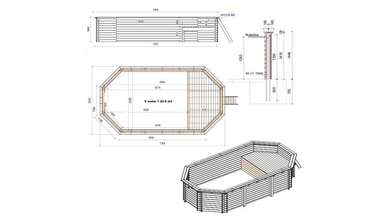 Piscine en bois NEMO 7.3 x 3.97 - H.1.45 m avec plage, gris clair, cadre en métal - sans dalle