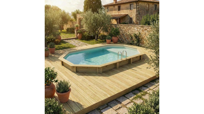 Piscine en bois NEMO 7.3 x 3.97 - H.1.45 m avec plage, sable, cadre en métal - sans dalle