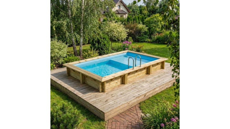 Piscine en bois AQUA 4.65 x 2.85 - H.1.24 m avec plage, bleu pâle, fixations à sceller