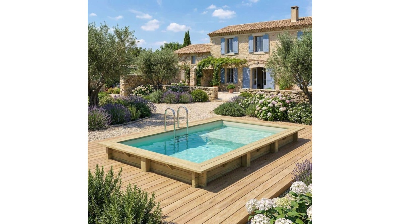 Piscine en bois AQUA 4.65 x 2.85 - H.1.24 m avec plage, sable, fixations à sceller