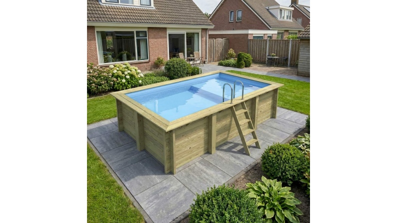 Piscine en bois AQUA 4.65 x 2.85 - H.1.24 m avec plage, bleu pâle, fixations à visser