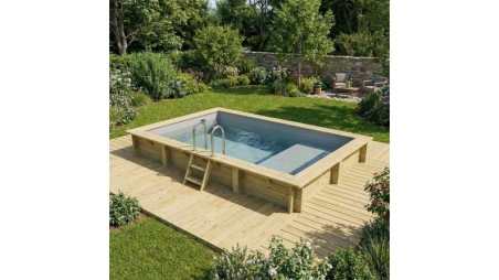 Piscine en bois AQUA 4.65 x 2.85 - H.1.24 m avec plage, gris clair, fixations à visser