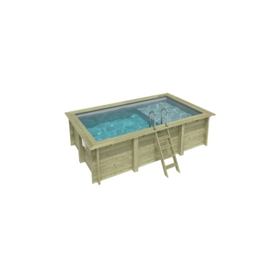 Piscine en bois AQUA 4.65 x 2.85 - H.1.24 m avec plage, gris clair, cadre en métal - sans dalle