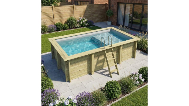 Piscine en bois AQUA 4.65 x 2.85 - H.1.24 m avec plage, gris clair, cadre en métal - sans dalle