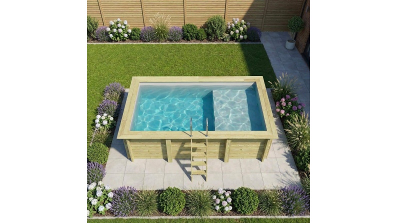 Piscine en bois AQUA 4.65 x 2.85 - H.1.24 m avec plage, gris clair, cadre en métal - sans dalle