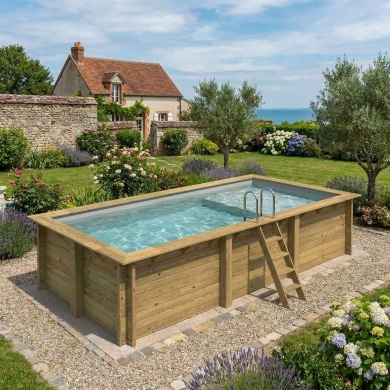 Piscine en bois AQUA 6.1 x 2.85 - H.1.31 m avec plage, gris clair, fixations à sceller 2