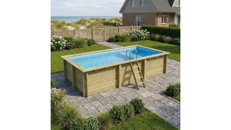 Piscine en bois AQUA 6.1 x 2.85 - H.1.31 m avec plage, bleu pâle, fixations à visser