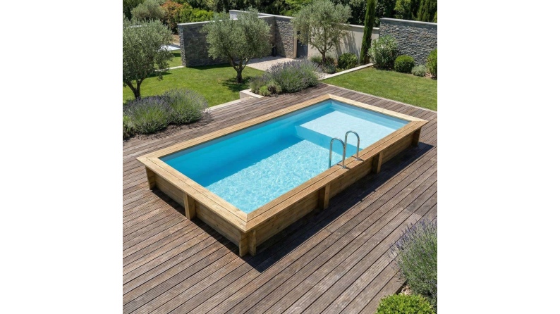Piscine en bois AQUA 6.1 x 2.85 - H.1.31 m avec plage, bleu pâle, fixations à visser