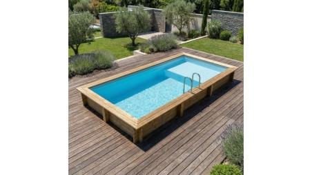Piscine en bois AQUA 6.1 x 2.85 - H.1.31 m avec plage, bleu pâle, fixations à visser
