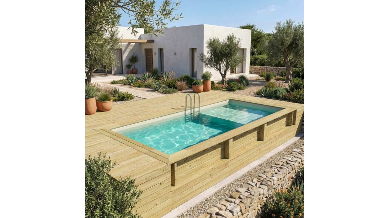 Piscine en bois AQUA 6.1 x 2.85 - H.1.31 m avec plage, sable, fixations à visser