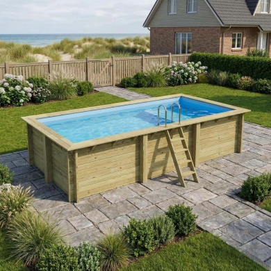 Piscine en bois AQUA 6.1 x 2.85 - H.1.31 m avec plage, bleu pâle, cadre en métal - sans dalle 2