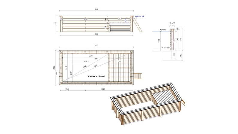 Piscine en bois AQUA 6.1 x 2.85 - H.1.31 m avec plage, gris clair, cadre en métal - sans dalle
