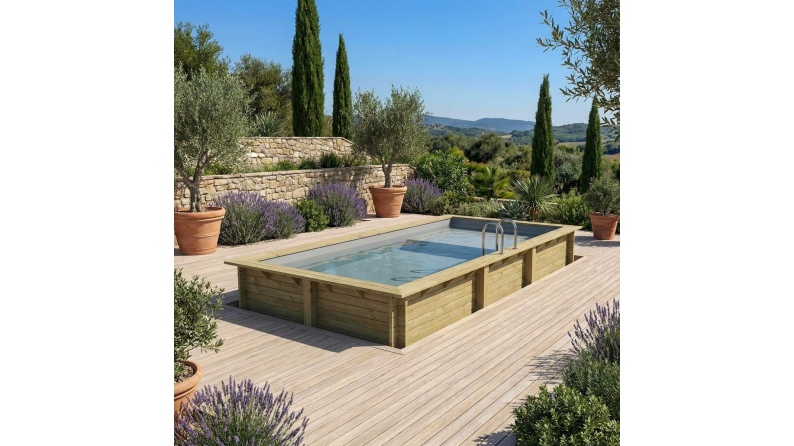 Piscine en bois AQUA 6.1 x 2.85 - H.1.31 m avec plage, gris clair, cadre en métal - sans dalle